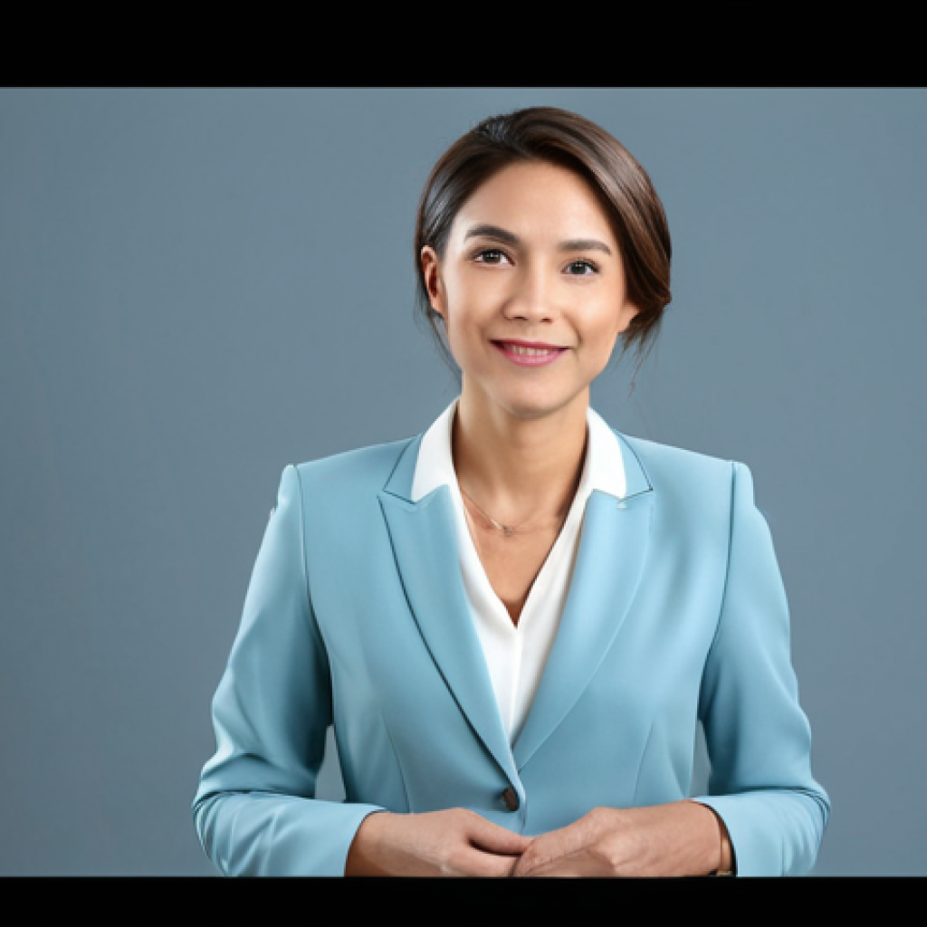 A professional female live stream host in a modest, elegant business blazer and blouse, fully clothed, appropriate attire, professional dress. She stands in a bright, modern live streaming studio with soft diffused lighting, a sleek product display subtly visible in the background. She is engaging warmly with the camera, creating an inviting and trustworthy atmosphere. Perfect anatomy, correct proportions, natural pose, well-formed hands, proper finger count, natural body proportions, safe for work, appropriate content, fully clothed, professional, high quality studio photography, cinematic lighting.