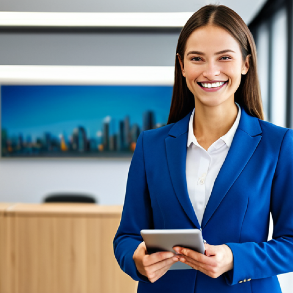 **
"A professional woman in a modest business suit, standing in a bright, modern office. She is holding a tablet and smiling confidently. Background shows blurred office activity. Fully clothed, appropriate attire, safe for work, perfect anatomy, natural proportions, professional photography, high quality."
**