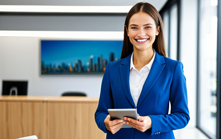 **

"A professional woman in a modest business suit, standing in a bright, modern office. She is holding a tablet and smiling confidently. Background shows blurred office activity. Fully clothed, appropriate attire, safe for work, perfect anatomy, natural proportions, professional photography, high quality."

**
