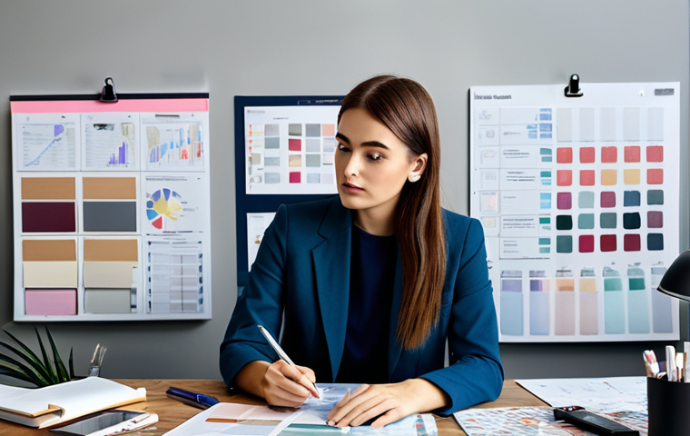 소셜미디어 콘텐츠로 브랜드 신뢰 쌓기 - ** A social media manager brainstorming content ideas for a cosmetics brand. She's surrounded by moo...