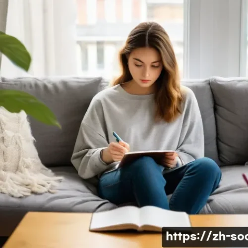 핀터레스트 마케팅 사례 - A young woman, approximately 20-25 years old, is seated on a cozy, oversized sofa, completely clothe...