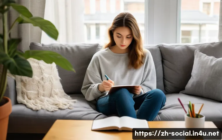 핀터레스트 마케팅 사례 - A young woman, approximately 20-25 years old, is seated on a cozy, oversized sofa, completely clothe...
